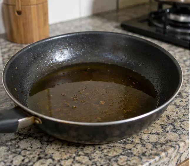 Frigideira com óleo de cozinha usado já fora do fogo, aguardando esfriar antes de ser armazenado