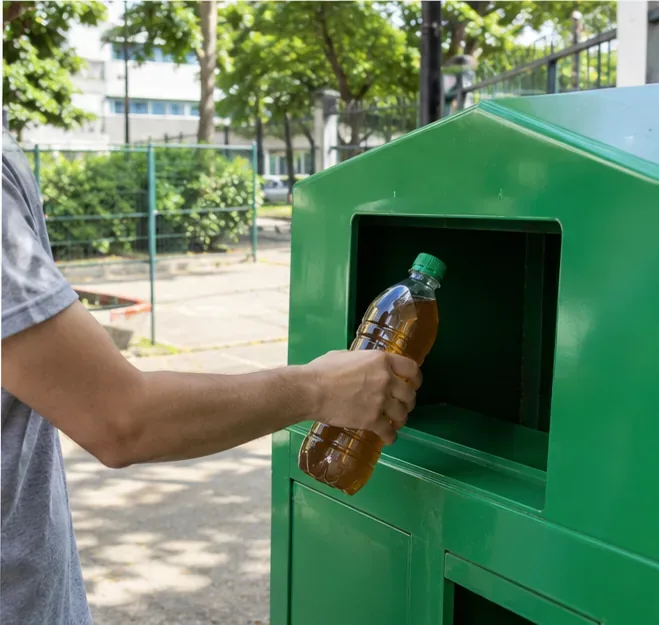 Pessoa levando uma garrafa com óleo de cozinha usado a um ponto de entrega voluntária