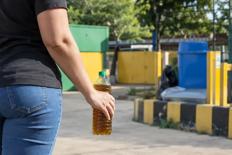 Pessoa caminhando em direção a uma área de entrega de recicláveis enquanto segura uma garrafa com óleo de cozinha usado