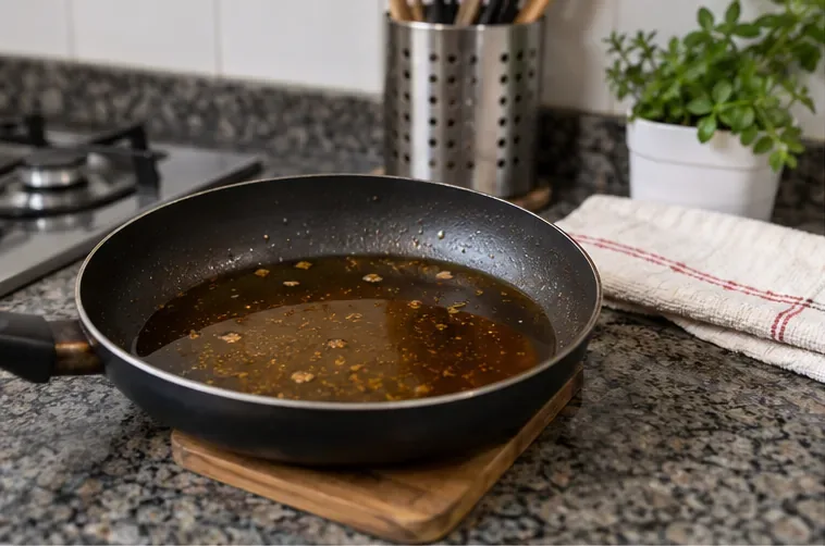 Frigideira com óleo de cozinha usado já fora do fogo, apoiada sobre uma bancada de cozinha