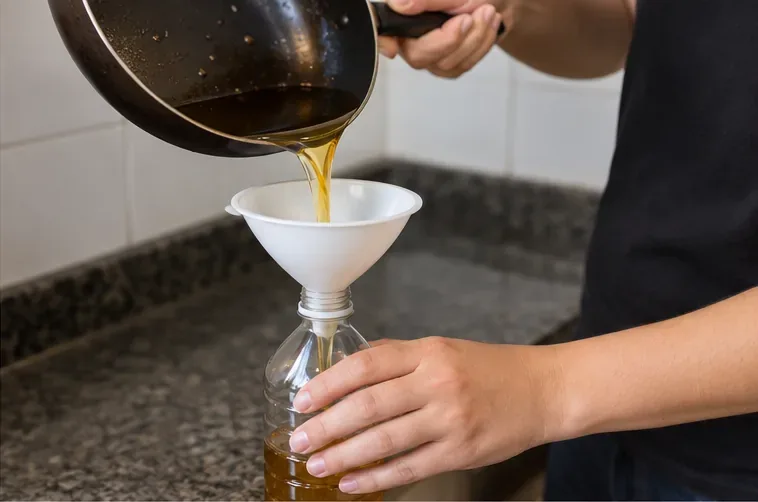 Pessoa despejando óleo de cozinha usado por um funil branco dentro de uma garrafa plástica transparente
