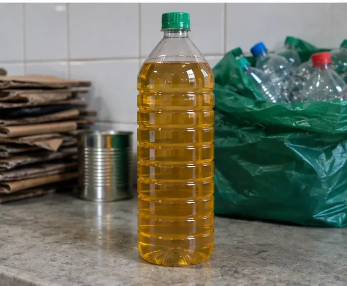 Garrafa PET transparente e bem fechada cheia de óleo de cozinha usado, separada junto a outros materiais recicláveis