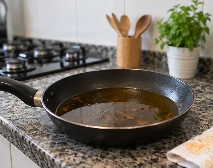 Frigideira com óleo de cozinha usado já fora do fogo, deixado para esfriar antes do acondicionamento