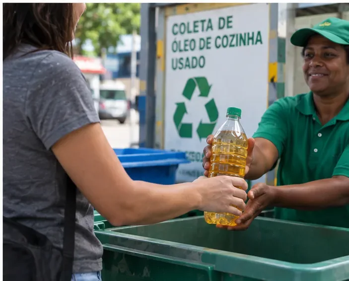 Moradora entregando uma garrafa PET com óleo de cozinha usado a uma funcionária em um ponto de coleta de recicláveis
