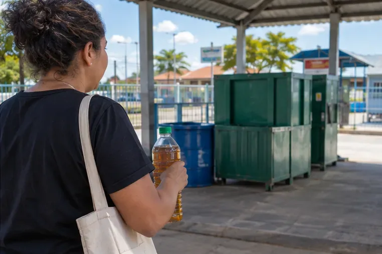 Pessoa levando uma garrafa com óleo de cozinha usado a uma área de entrega voluntária de resíduos