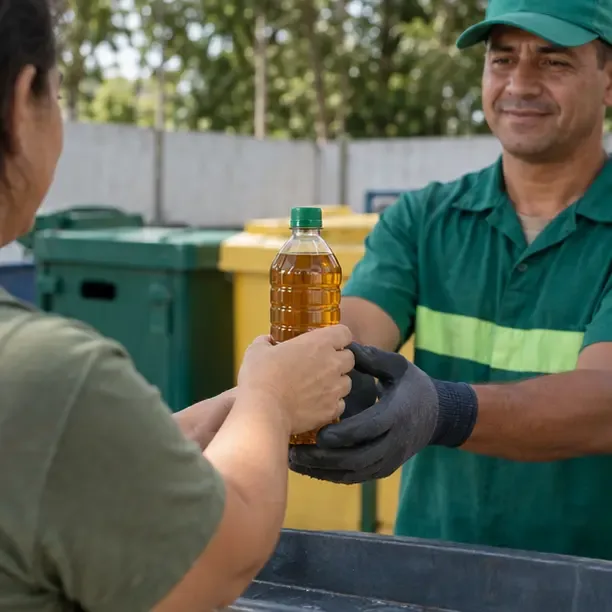 Moradora entregando uma garrafa fechada de óleo usado a um funcionário em um ponto de coleta