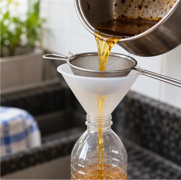 Óleo de cozinha já frio sendo despejado por uma peneira e um funil em uma garrafa plástica limpa.