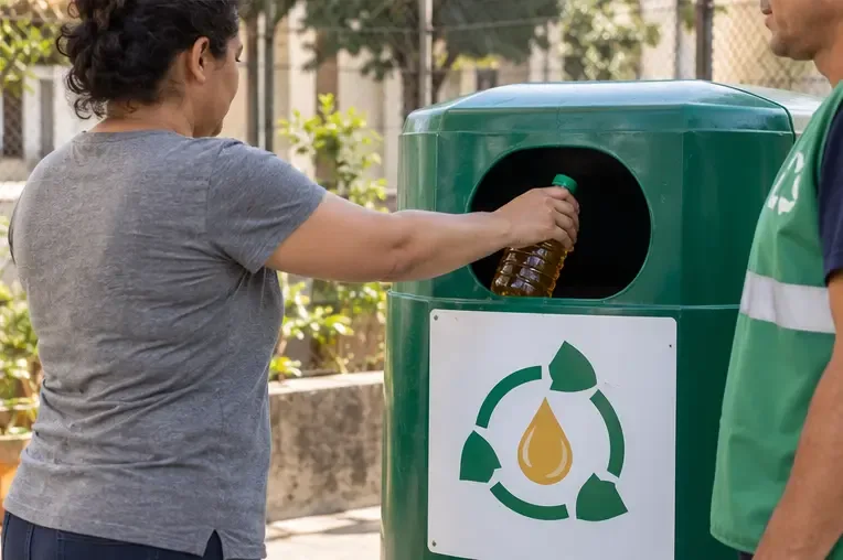 Pessoa entregando uma garrafa tampada em um recipiente verde identificado para coleta de óleo