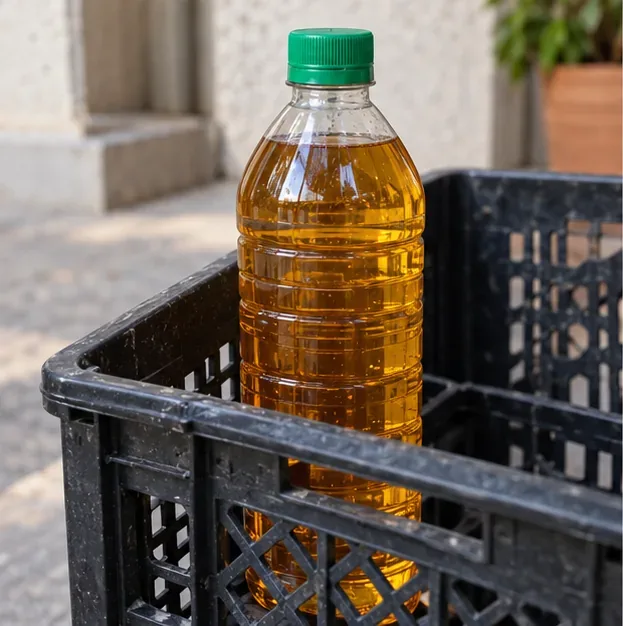 Garrafa plástica transparente, tampada e com óleo usado, colocada em uma caixa para transporte.