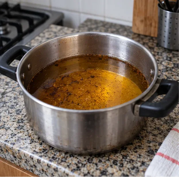 Panela com óleo de fritura usado deixada sobre a bancada até esfriar antes de ser manuseada.