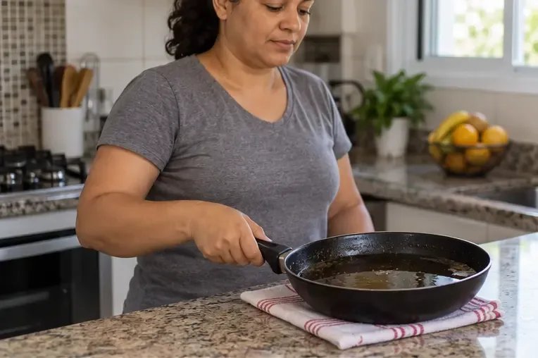 Frigideira com óleo de cozinha usado esfriando sobre a bancada da cozinha