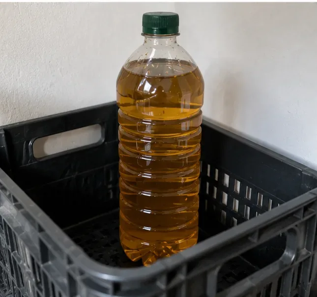 Garrafa plástica cheia de óleo de cozinha usado, fechada com tampa, guardada na vertical dentro de uma caixa