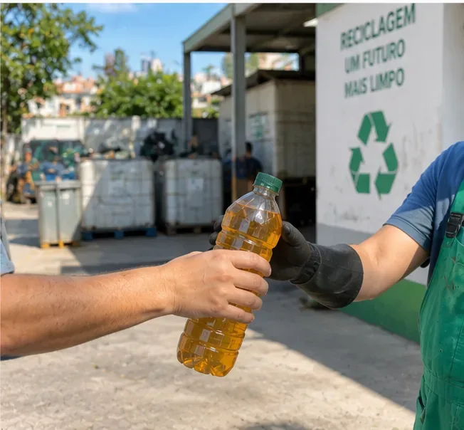 Pessoa entregando uma garrafa fechada com óleo de cozinha usado a um trabalhador de um centro de reciclagem