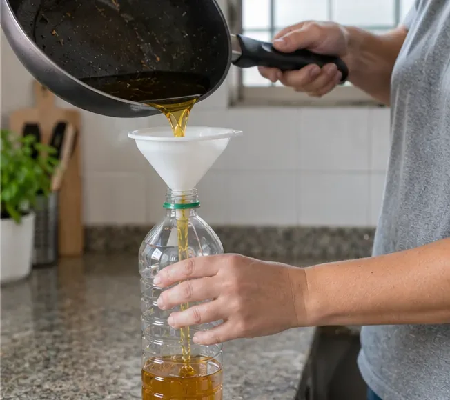 Pessoa despejando óleo de cozinha já frio de uma frigideira para uma garrafa plástica com ajuda de um funil