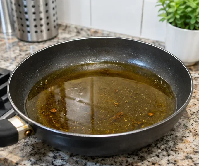 Frigideira com óleo de cozinha usado já frio sobre uma bancada, antes de ser transferido para armazenamento