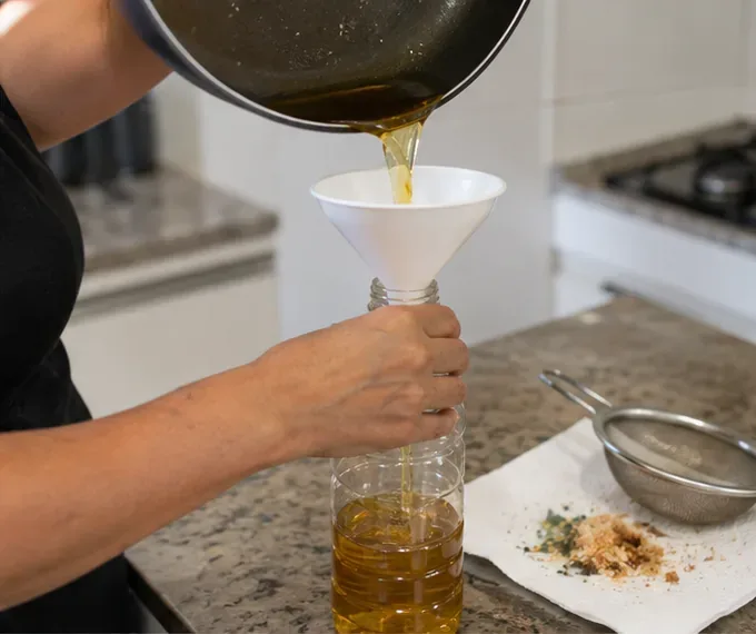 Pessoa despejando óleo de cozinha usado por um funil para dentro de uma garrafa plástica