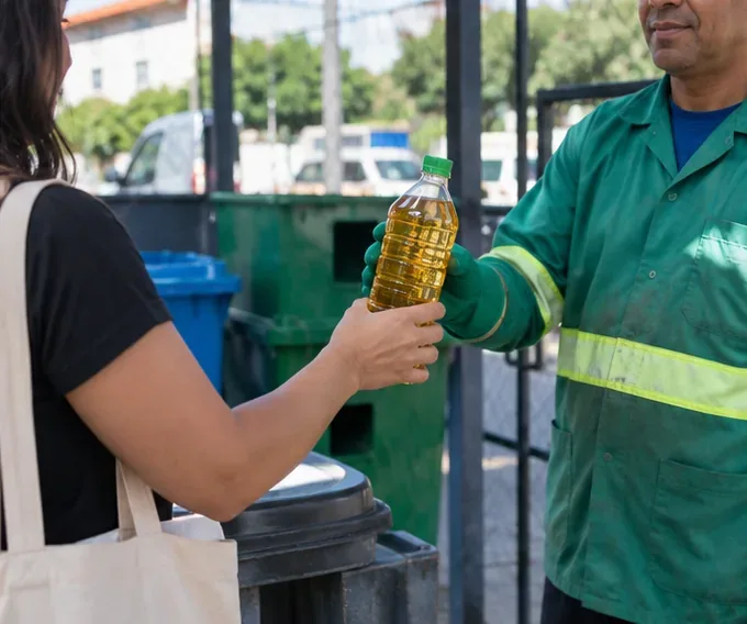 Moradora entregando uma garrafa fechada com óleo de cozinha usado a um trabalhador de coleta