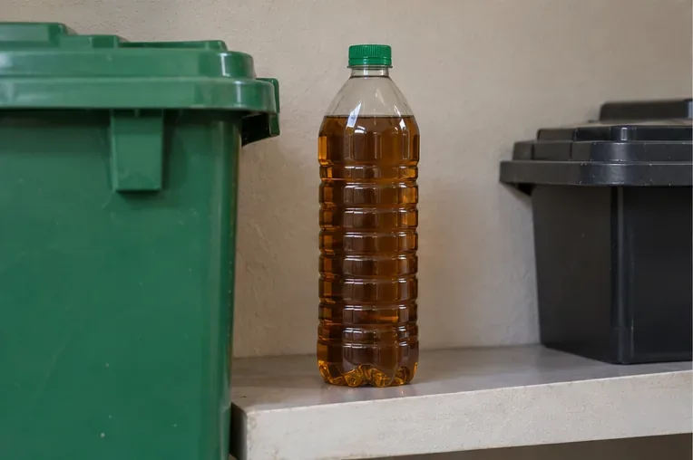 Garrafa plástica bem fechada com óleo de cozinha usado armazenada ao lado de recipientes de reciclagem