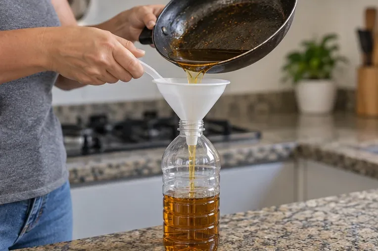 Óleo de cozinha usado sendo transferido por um funil para uma garrafa plástica transparente