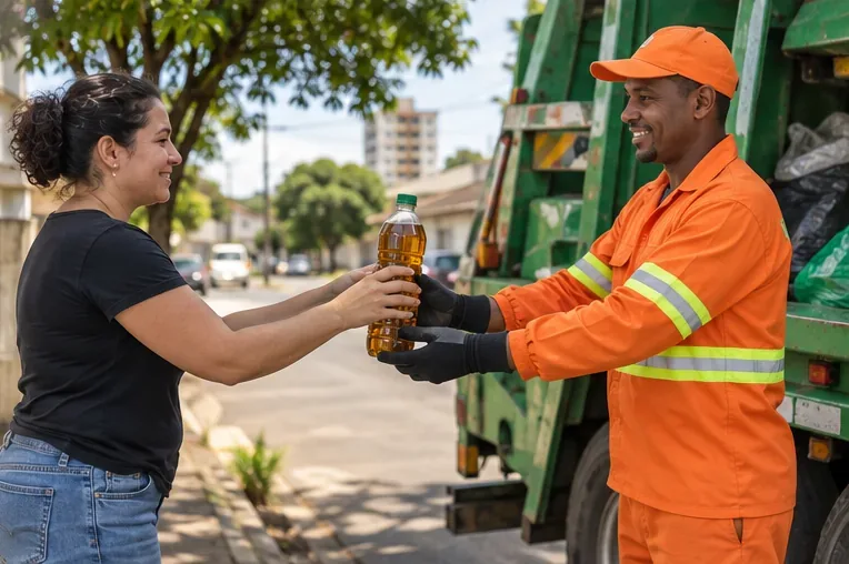 Moradora entregando uma garrafa com óleo de cozinha usado a um trabalhador de coleta reciclável