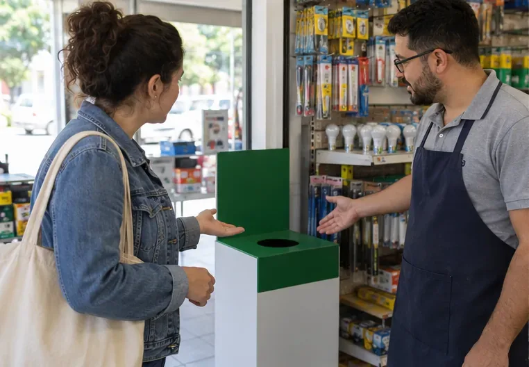 Consumidora conversa com funcionário de loja ao lado de uma caixa de coleta sem marca.