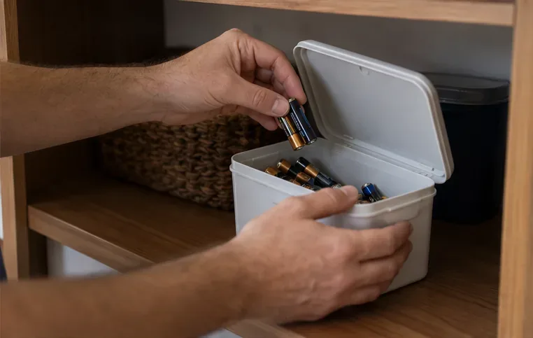 Mãos guardam pilhas domésticas usadas em um pequeno recipiente com tampa.