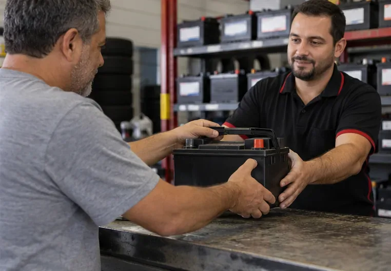 Cliente entrega uma bateria automotiva a um funcionário de loja de autopeças.