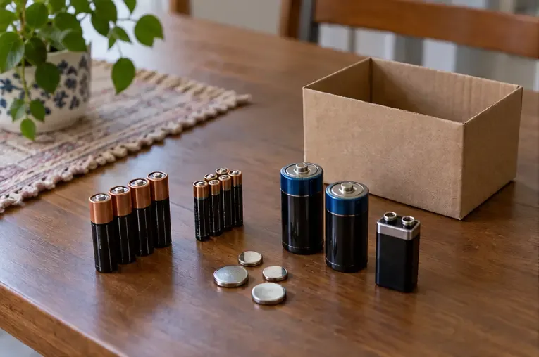 Pilhas AA, AAA, C, D, de 9 volts e pilhas botão separadas sobre uma mesa ao lado de uma caixa de papelão seca