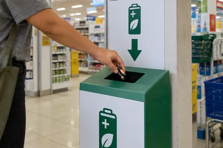 Mão colocando pilhas intactas em um coletor verde identificado com um símbolo de bateria dentro de uma loja