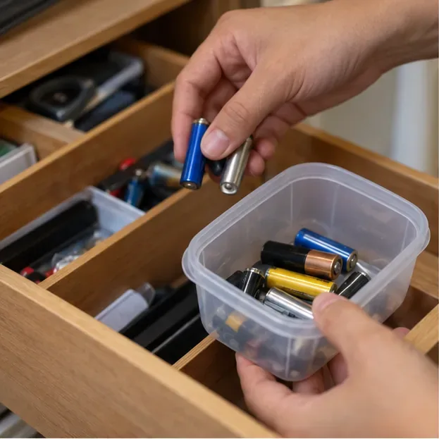 Mãos reunindo pilhas AA e AAA usadas em um recipiente plástico seco antes do descarte correto em Campinas