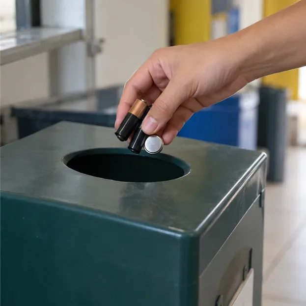Mão depositando pilhas portáteis em um coletor dedicado para recebimento de resíduos