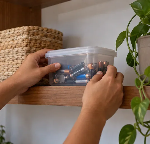 Pilhas usadas dentro de um recipiente plástico com tampa, guardado em uma prateleira seca.