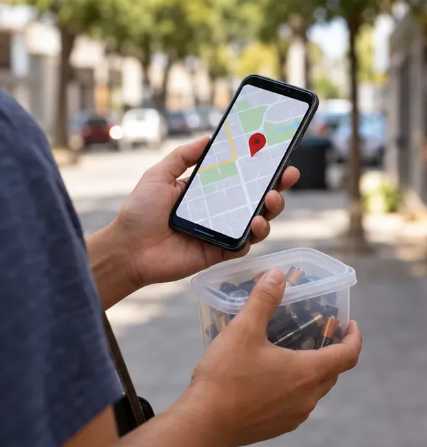 Pessoa segura um recipiente com pilhas e consulta um mapa no celular antes de sair.