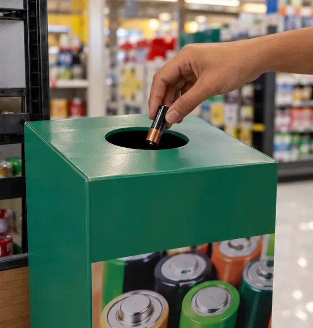 Mão deposita uma pilha em um coletor verde dentro de uma loja.