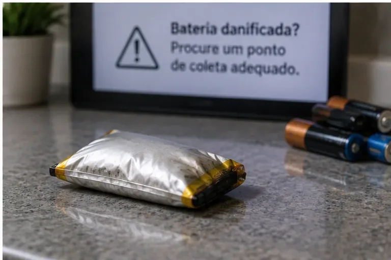 Bateria de lítio inchada sobre uma bancada, separada de outras pilhas, diante de um aviso para procurar um ponto de coleta adequado