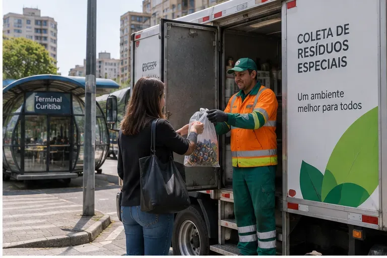 Moradora entregando um saco com pilhas usadas a um trabalhador em um caminhão de coleta de resíduos especiais