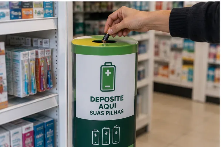 Mão depositando uma pilha usada em um coletor específico para pilhas dentro de um estabelecimento comercial