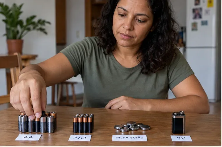 Moradora separa pilhas AA, AAA, pilhas-botão e uma bateria de 9 V sobre uma mesa