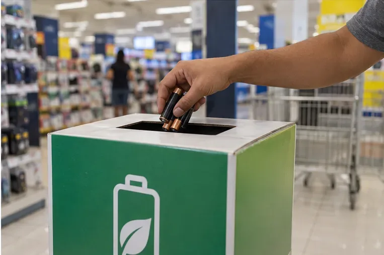 Pessoa deposita duas pilhas cilíndricas em uma caixa de coleta verde dentro de um supermercado