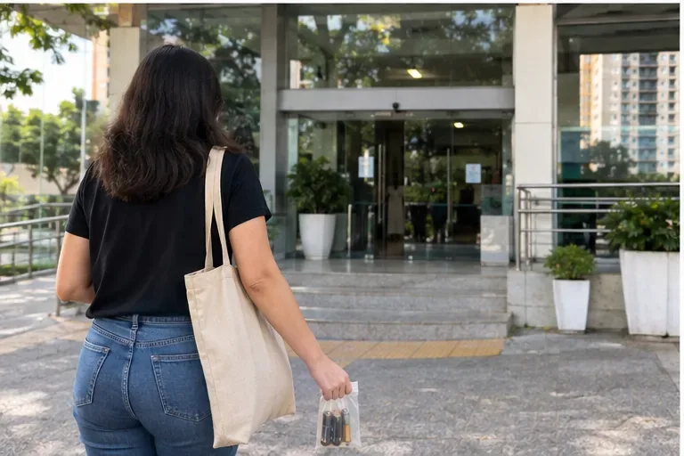 Pessoa caminhando para a entrada de um prédio levando um pequeno saco com pilhas usadas