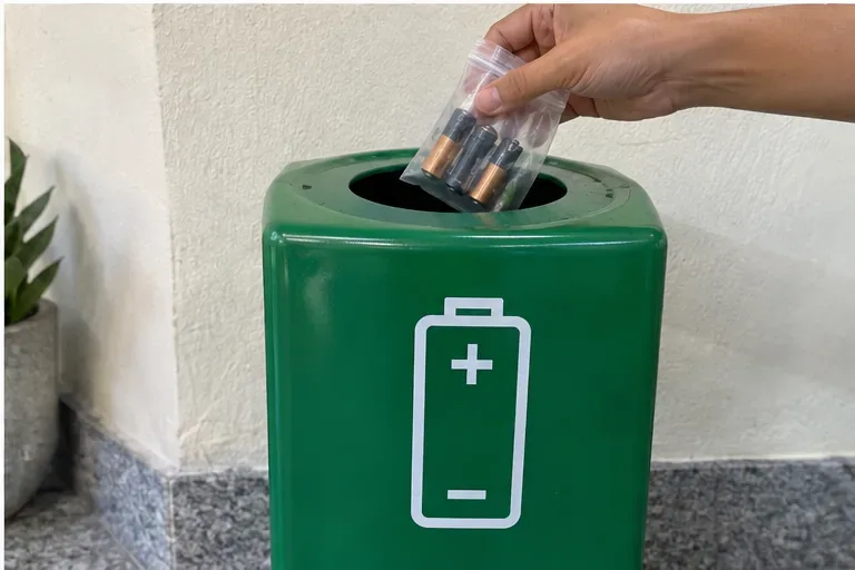 Mão colocando uma pequena embalagem com pilhas usadas em um coletor verde identificado com símbolo de bateria
