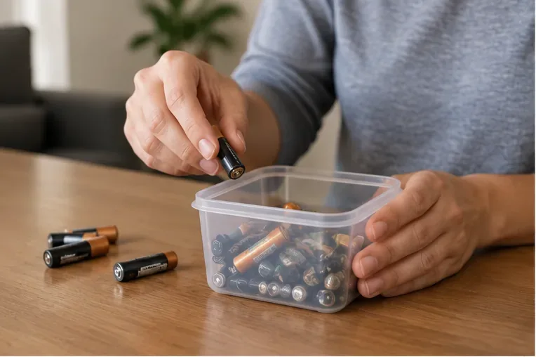 Pessoa reúne pilhas domésticas usadas em um recipiente plástico sobre uma mesa