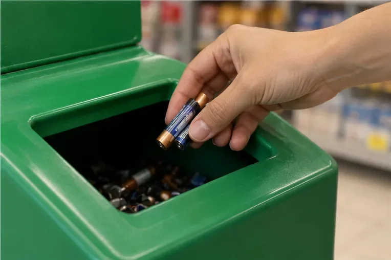Mão deposita duas pilhas portáteis em um coletor verde específico para baterias usadas