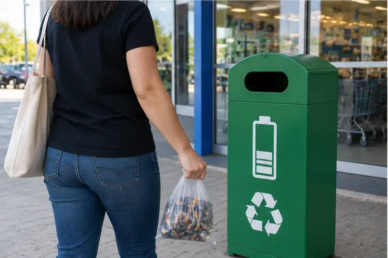 Pessoa chega a um ponto de coleta identificado para baterias em frente a um estabelecimento comercial