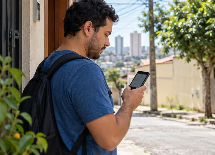 Um homem consulta o celular na calçada antes de ir a um ponto de coleta