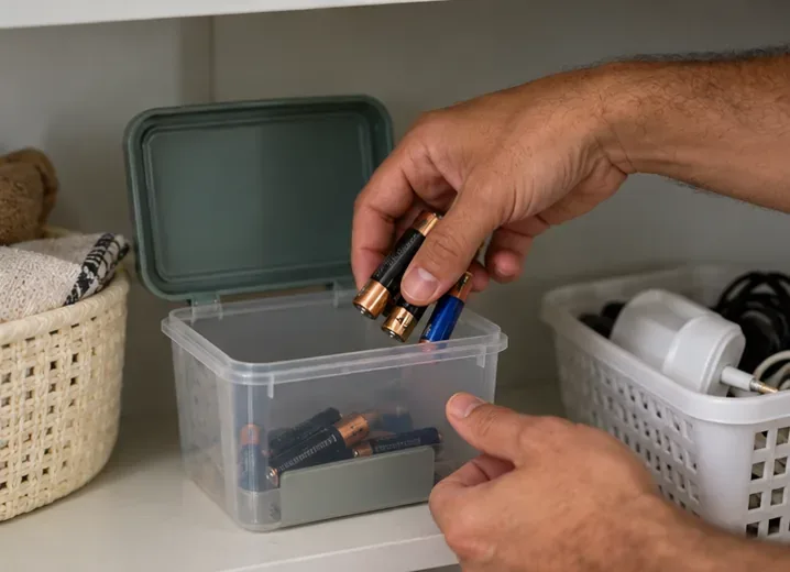 Mãos guardam pilhas usadas em um recipiente plástico seco, longe de objetos metálicos