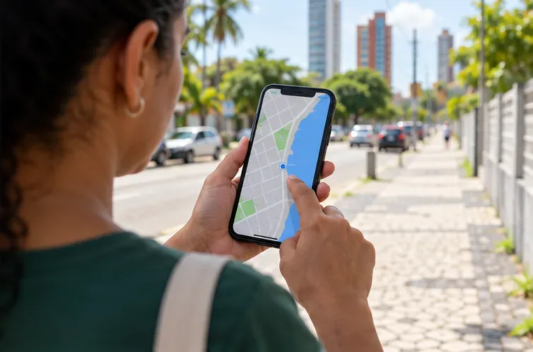 Uma pessoa usa o mapa em um smartphone enquanto procura um ponto de entrega em uma rua de João Pessoa.