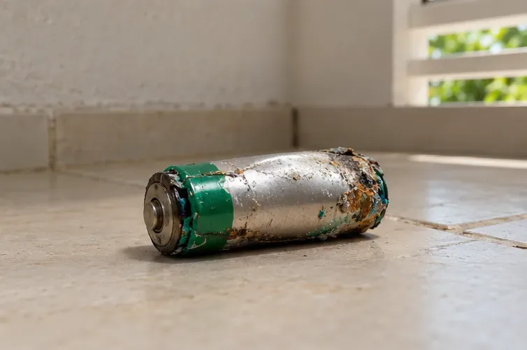 Uma bateria recarregável inchada e corroída está isolada sobre um piso cerâmico, sem ninguém tocá-la.
