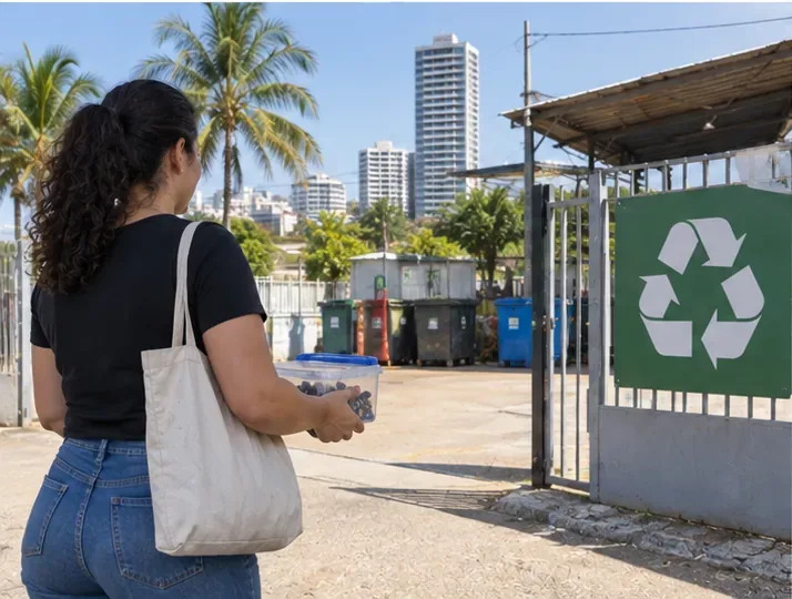 Pessoa chegando a uma área de coleta de recicláveis com um recipiente contendo pilhas usadas