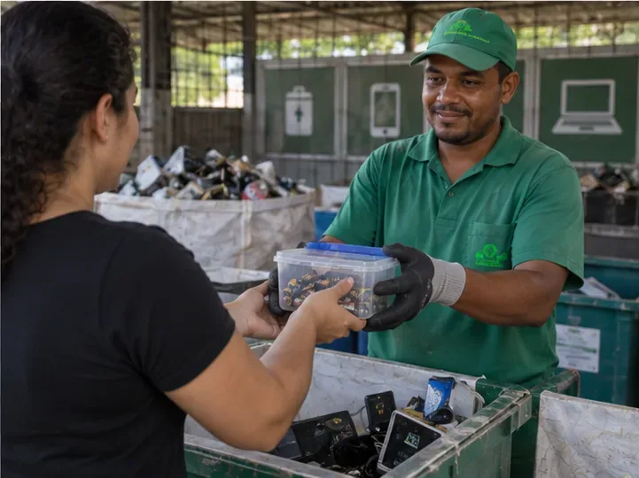 Moradora entregando um recipiente com pilhas usadas a um trabalhador de uma unidade de reciclagem de eletrônicos